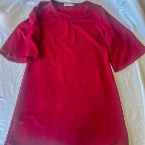 SHENBOLEN Women's V-Neck Dress Bell Sleeve Ruffle Dress Maroon Red Size XL